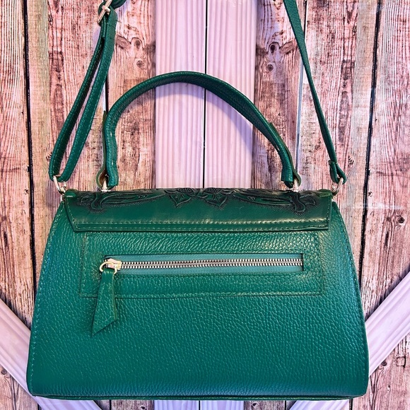 Green Handbag Mini Sara Hand-Tooled Artesian 100% Genuine Leather (H) - Picture 8 of 13